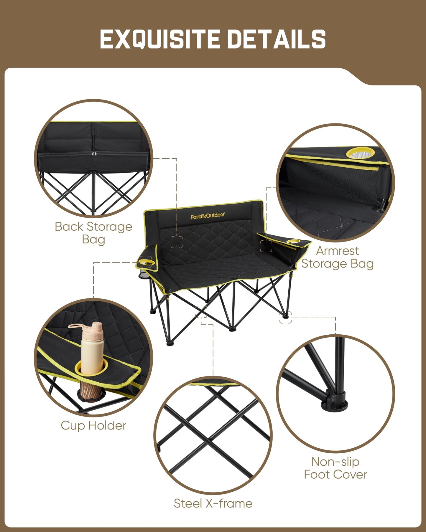 FanttikOutdoor Zeta L11 Duo Pro Double Camping Chair, 2 Person Portable Folding Couch, High Strength Loveseat with Cup Holder & Carry Bag for Travel, Games, BBQ, Backyard, Support up to 600 lbs, Black