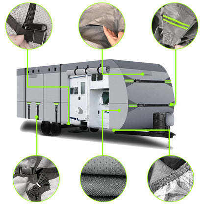 8 Layers Travel Trailer Cover Windproof Waterproof Rip-Stop RV Covers with Adhesive Repair Patches, 2Pcs Extra Straps & 4 Tire Covers (Fit 24-27FT)