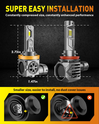 Termitor H11/H9 Bulbs, 40,000LM Ultra-Brightness, 6500K White Illumination, Mini Size, Alloy Steel, Pack of 2