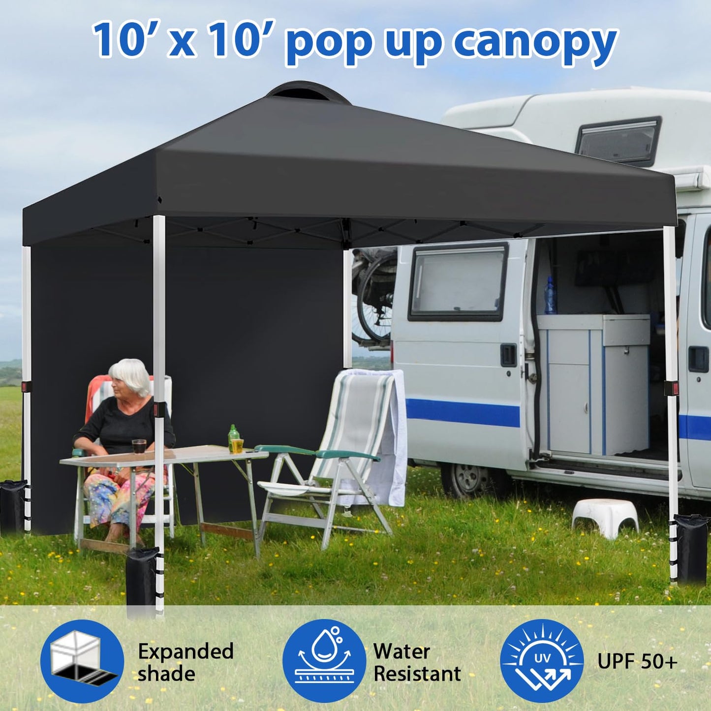 VOYSIGN Durable 10 x 10 Pop-up Canopy Tent with 1 Sidewall, Portable Instant Camping Beach Canopy Tents, Black