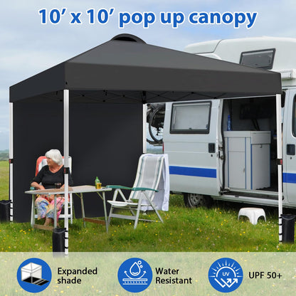 VOYSIGN Durable 10 x 10 Pop-up Canopy Tent with 1 Sidewall, Portable Instant Camping Beach Canopy Tents, Black