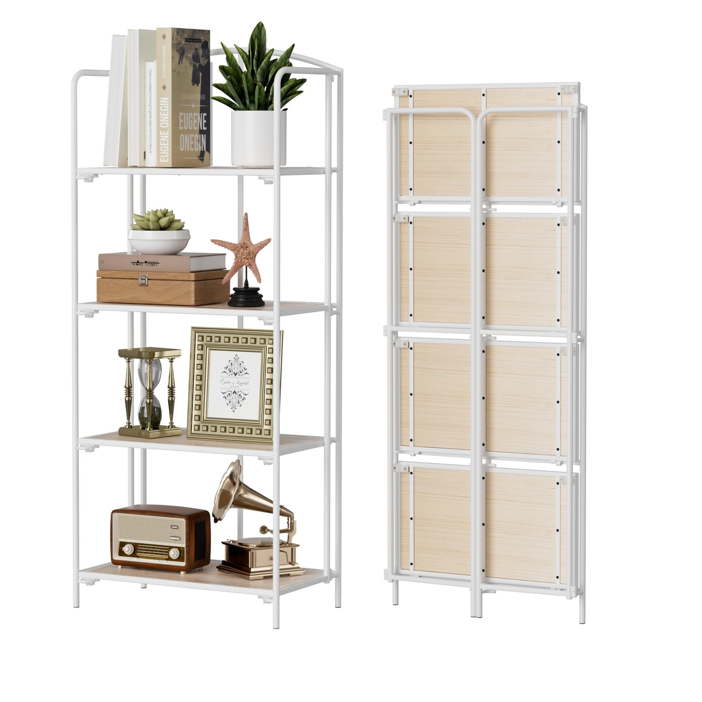 Crofy No Assembly Folding Bookshelf for Living Room, 4 Tier White Collapsible Book Shelf for Home Office, Portable Bookcase Storage Organizer