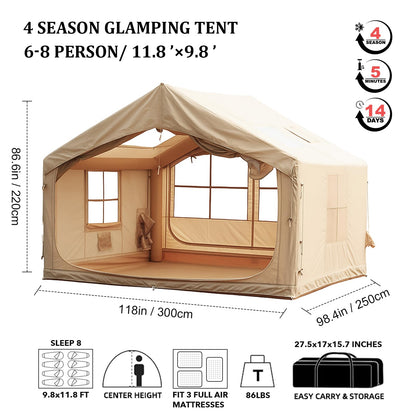 10'x 8' Inflatable Camping Tent,4 Season Blow up Tents for Camping, Large Inflatable Tent 6-8 Person, Glamping Inflatable Hot Tent with Stove Jack & AC Vent Outdoor Camping
