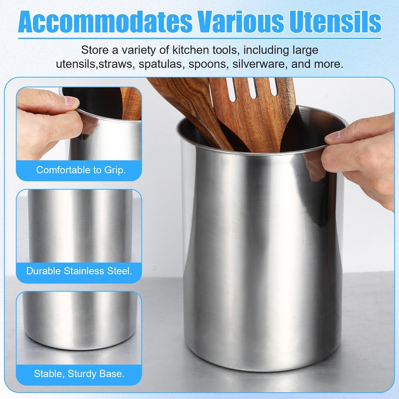 HOFURME 3 Pcs Cooking Utensil Holder for Kitchen Counter, 5.6 x 7.5 inch Metal Utensil Crock Stainless Steel Utensils Holder Container Canister Spatula Spoon Caddy Organizer (Silver)