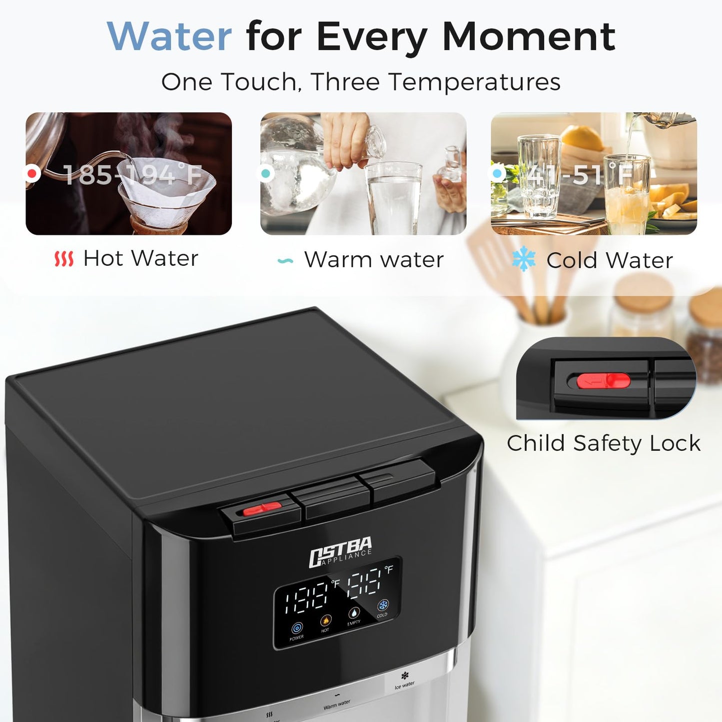 OSTBA Bottom Loading Water Cooler Dispenser for 3 & 5 Gallon Bottles, Hot, Cold & Room Water, LED Display, Child Safety Lock, Stainless Steel Tank Water Dispenserfor Home & Office