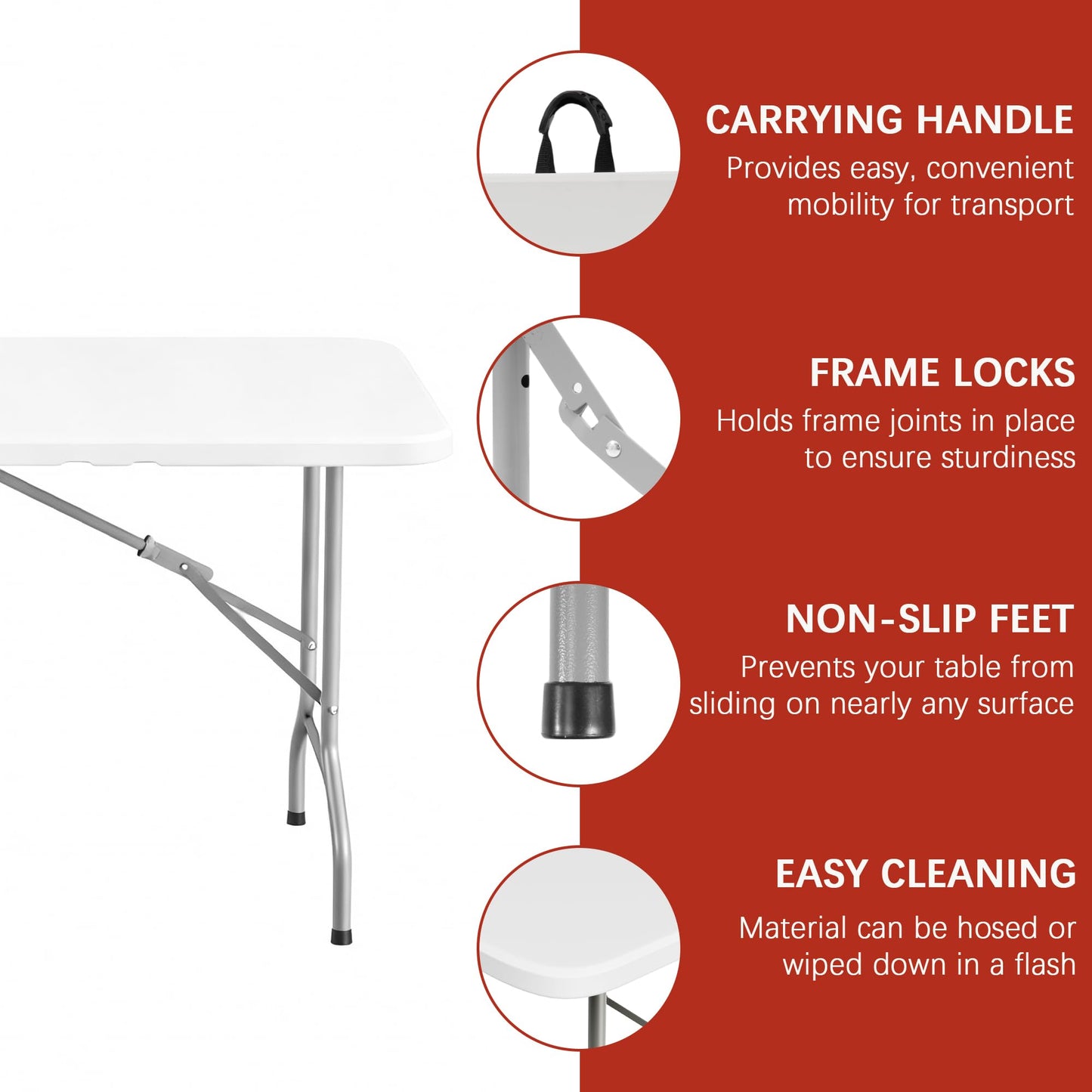 Elevon 6FT Folding Tables – Heavy Duty Portable Foldable Table with Built-in Handle, 300 lb Capacity – Ideal for Events, Parties, Crafts, Camping & Dining (4-Pack)