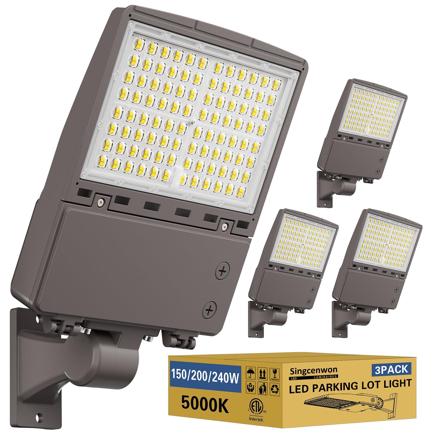 240W LED Parking Lot Light 3Pack: 150/200/240W Selectable, 38400LM 5000K LED Shoebox Light with Arm Mount, LED Flood Lights Commercial Area Lighting for Yard Driveway Stadium Roadways, 100-277VAC ETL