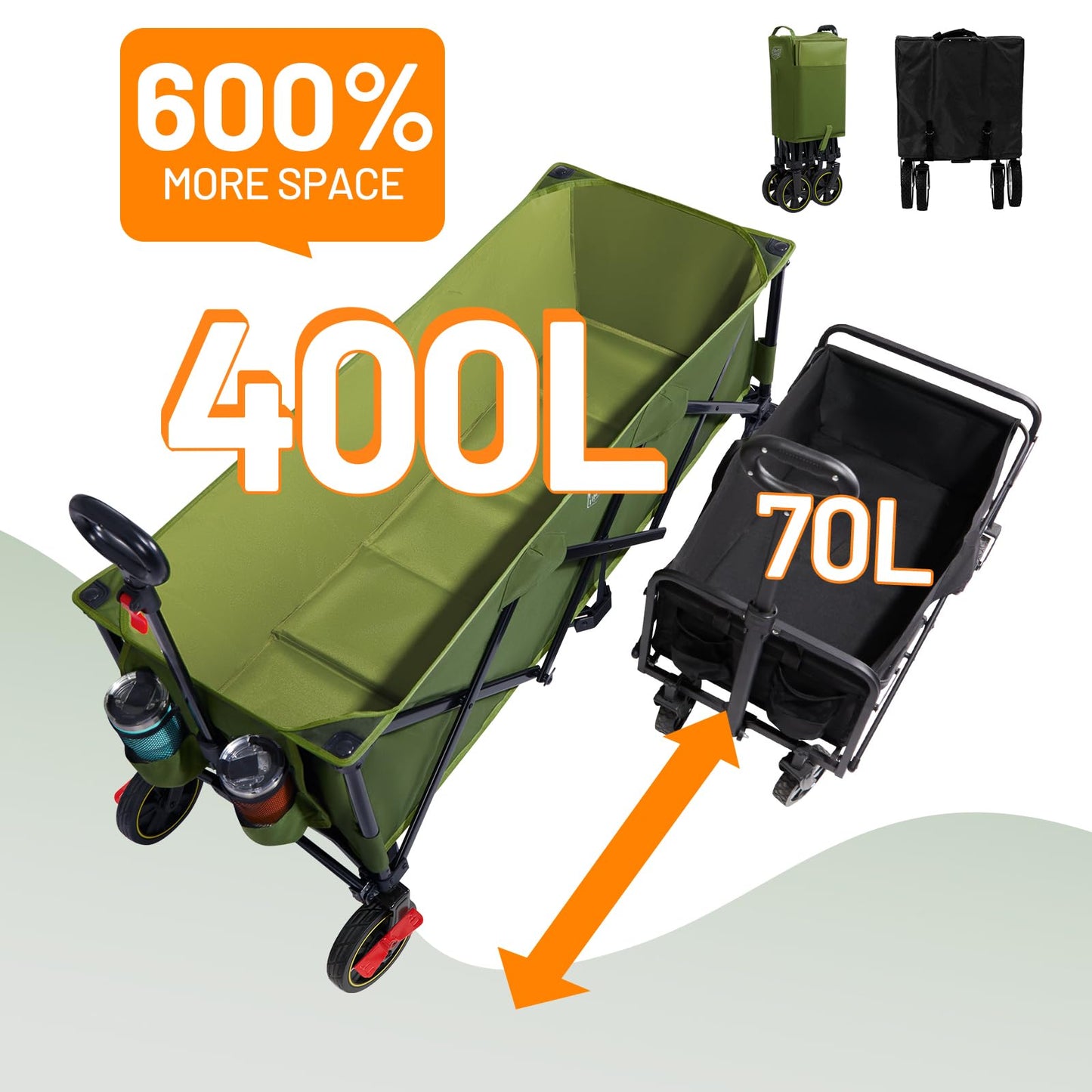 Timber Ridge 51.2'' Extended Collapsible Wagon Cart with Brakes and Cargo Net, Heavy Duty Foldable Utility Wagon with Adjustable Handle, 400L Capacity Portable Cart for Camping Sports Shopping