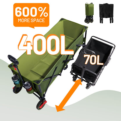 Timber Ridge 51.2'' Extended Collapsible Wagon Cart with Brakes and Cargo Net, Heavy Duty Foldable Utility Wagon with Adjustable Handle, 400L Capacity Portable Cart for Camping Sports Shopping