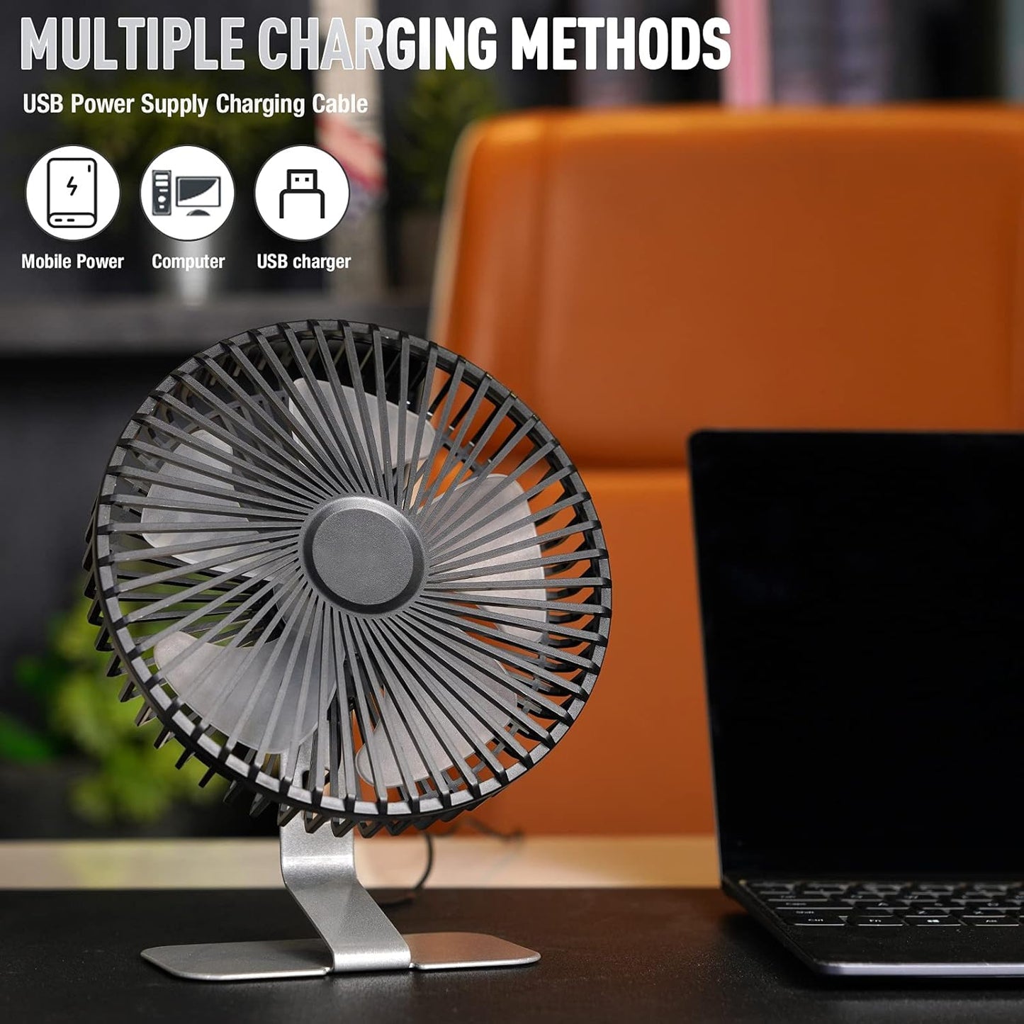 SLENPET USB Mini Desk Fan - 6 Inch Ultra-Quiet, 4 Speeds, 90° Adjustable, Portable Silver Fan for Home Office
