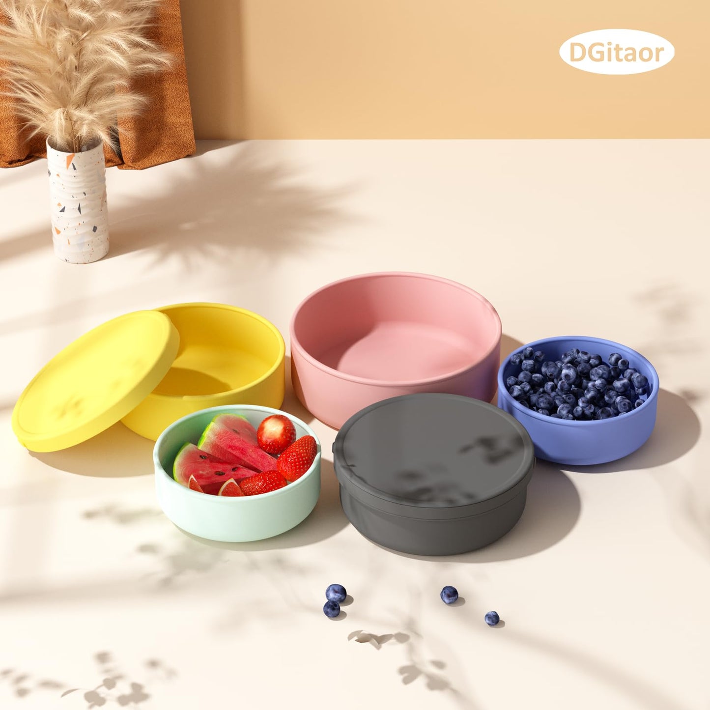 DGitaor Silicone Food Storage Containers Bowl, Set of 3 Reusable Silicone Bento Lunch Box Containers with Lids (17oz, 25oz, 42oz) Dishwasher, Microwave and Freezer Safe Mint Green