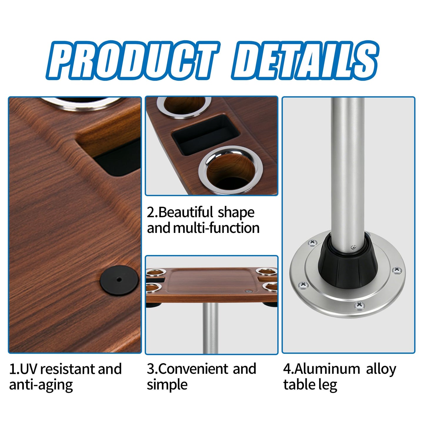 Pontoon Boat Table Set, 18"x34" Large Party Table with 2.5" Aluminum Pedestal Leg, 4 Yeti-Size Drink Holders & 2 Phone Slots – UV Resistant, Wobble-Free (Burylywood/Silver)