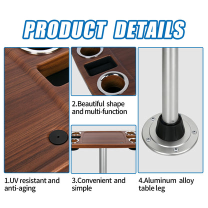 Pontoon Boat Table Set, 18"x34" Large Party Table with 2.5" Aluminum Pedestal Leg, 4 Yeti-Size Drink Holders & 2 Phone Slots – UV Resistant, Wobble-Free (Burylywood/Silver)