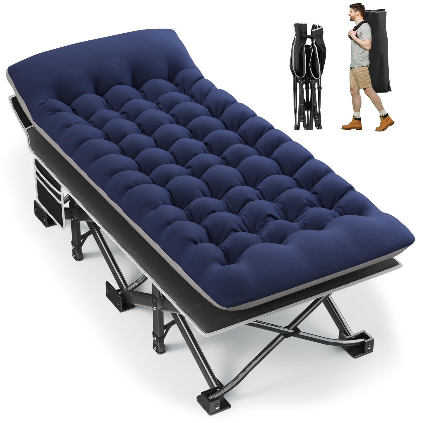 Fragess Portable Camping Cot, 32" Extra Wide Camping Cots for Everyone with Thick Cushion, Heavy Duty Sleeping Cot Holds Up to 600LBS, Cots for Sleeping, Rv, Beach, Patio, Office Naps(Blue)