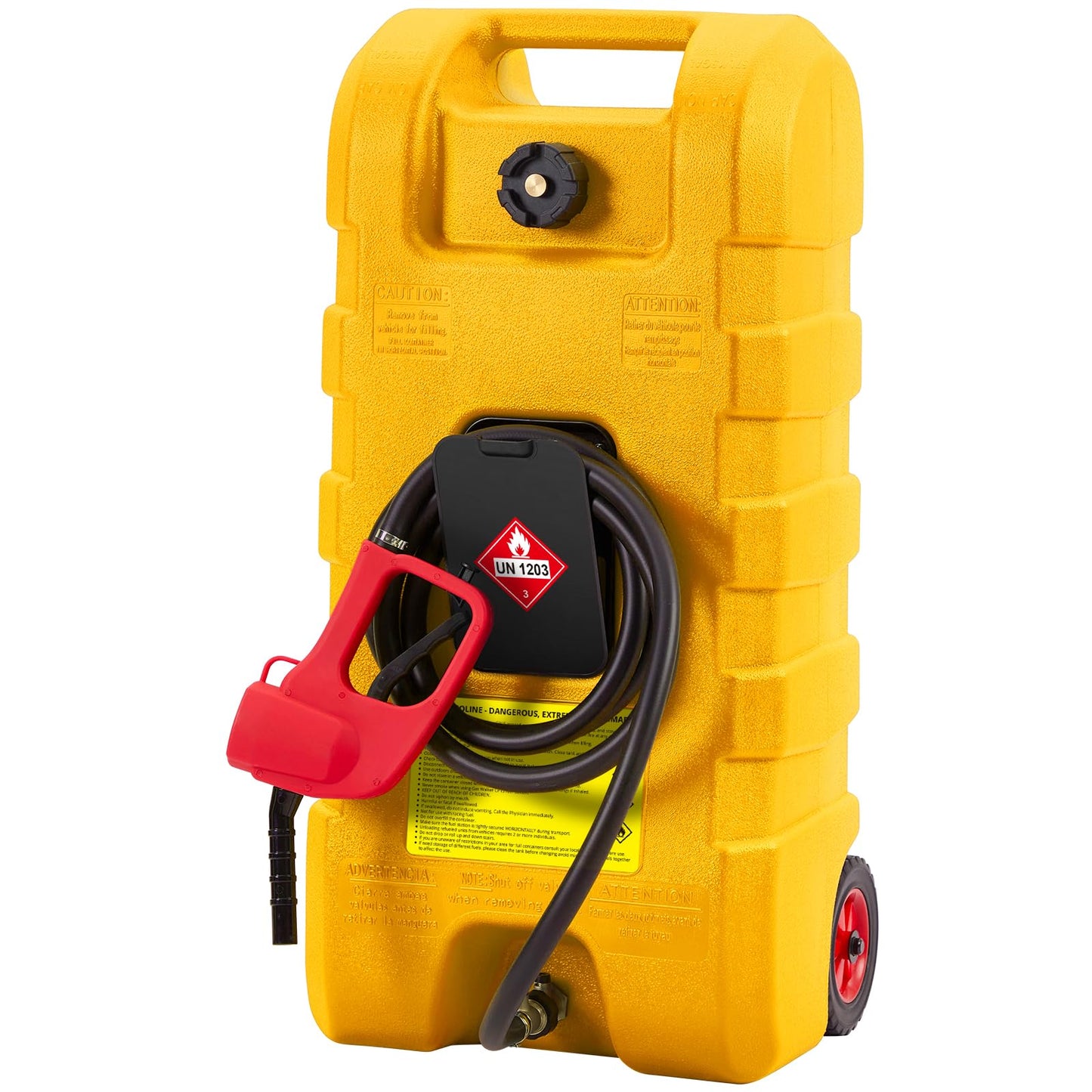 15 Gallon Portable Fuel Tank Caddy with Manual Transfer Pump – Heavy-Duty Gas Storage Toolbox – 10FT Hose – Leak-Proof, Mobile Fuel Container for Cars, Boats, Lawn Mowers, ATVs – Yellow