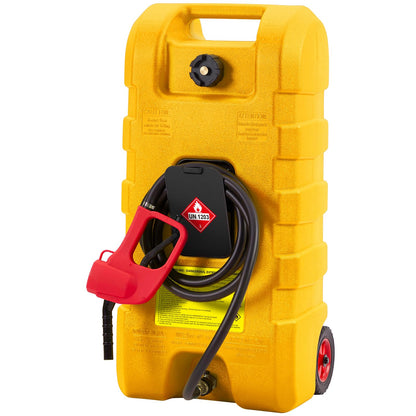 15 Gallon Portable Fuel Tank Caddy with Manual Transfer Pump – Heavy-Duty Gas Storage Toolbox – 10FT Hose – Leak-Proof, Mobile Fuel Container for Cars, Boats, Lawn Mowers, ATVs – Yellow