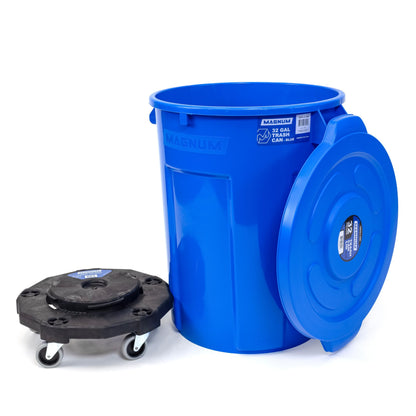 Magnum Blue 32 Gallon Trash Can Set (Trash Can, Quiet Dolly, and Reinforced Lid), Construction Grade, Jobsite Ready for Handling and Rolling Garbage CMTC-CLD0-32B01 (1 Set)