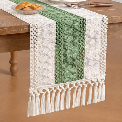 Socomi Boho Table Runner Summer Farmhouse Rustic Dining Kitchen Small Macrame Woven Cotton Linen Coffee Table Runner for Dresser Scarf Home Decor 12x36 inch Sage Green Ivory