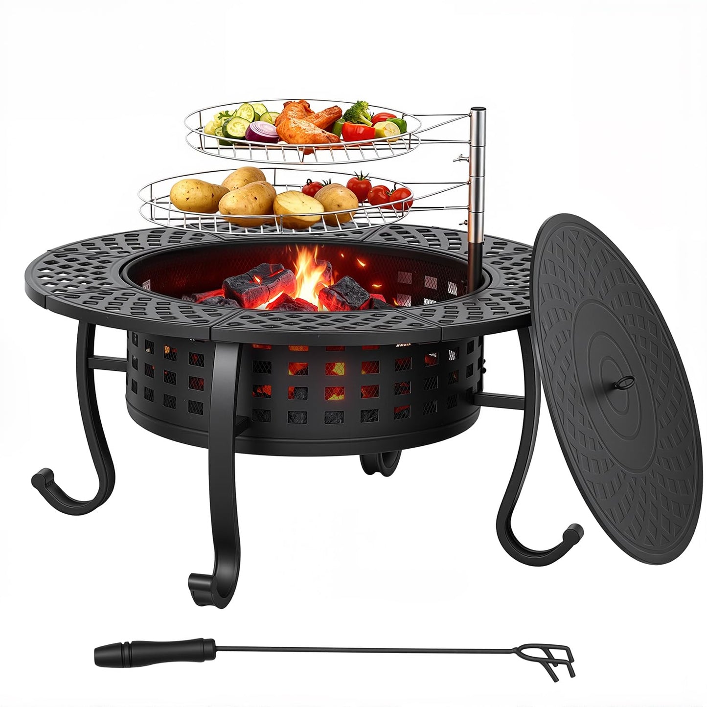 FDW 36 Inch Fire Pit with 2 Adjustable Grills, Wood Burning Outdoor Fire Pit with Lid, Poker & Waterproof Cover, 3-in-1 Fire Pit Table for BBQ, Bonfire & Patio Dining