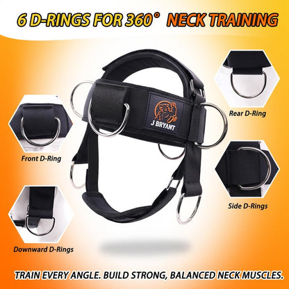 Adjustable Neck Harness for Resistance Bands & Weightlifting, Head Strap with 6 D-Rings for Multi-Directional Neck Training, Padded Chin Support for Athletes & Rehab Exercises