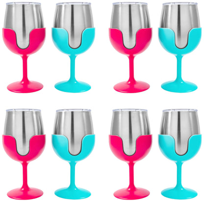 Camco Life is Better at The Campsite 8 oz Wine Tumbler 2 Pack - Heavy Duty Double Wall Vacuum Insulation - Crafted of 18/8 Stainless Steel - Features Removable Blue & Pink Stems (51915) (Pack of 4)