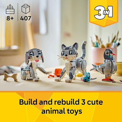 LEGO Creator 3 in 1 Playful Cat Toy - Building Toy with 3 Building Options Cat Dog or Pigeon - Birthday Gift for Kids - Animal Figures for Kids Girls and Boys Ages 8+ - 31163