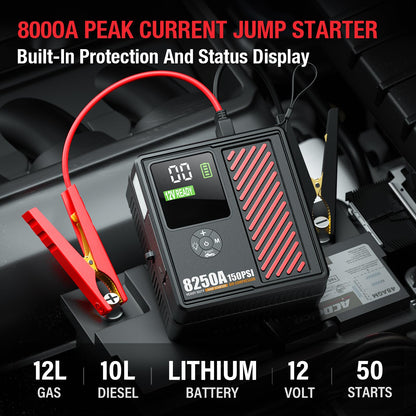JFEGWO 8250A Jump Starter with 150PSI Air Compressor, 12V Car Battery Booster, 24000mAh Portable Tire Inflator for 12L Gas/10L Diesel, LED Display, LED Light, Storage Case, Jumper Cables Red