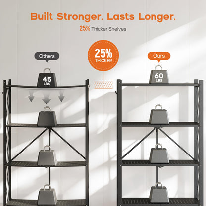 Fenbeli 5 Tier Folding Storage Shelf with Wheels & 8 S-Hooks, No Assembly Heavy Duty Metal Foldable Shelves, 300 LBS Capacity Rolling Collapsible Shelving Unit for Kitchen, Garage, Pantry, Living Room