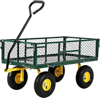 900 lbs Heavy Duty Steel Garden Cart, Garden Wagon Cart on Wheels, Outdoor Metal Yard Utility Wagon Carts with and Mesh Removable Sides and 180°Rotating Handle,Green
