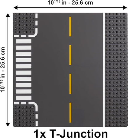 Apostrophe Games Road Baseplate – Premium Building Blocks Base Plates Compatible with All Major Brands – 6pcs Baseplate Gray with Road Design – Straight Curve Crossroad T-Junction