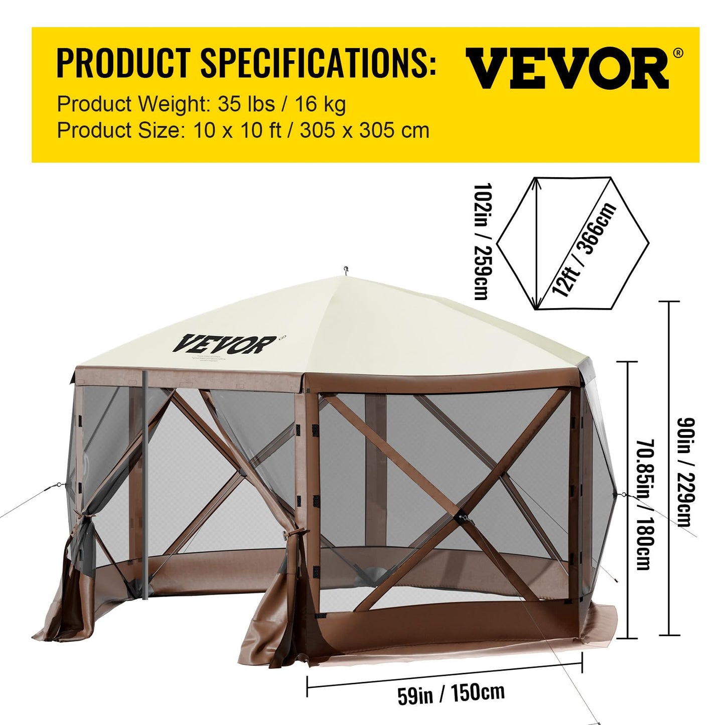 VEVOR Pop Up Gazebo Screen Tent, Pop-Up Instant Gazebo Tents with Mosquito Netting Outdoor Canopy, 6 Sided Sun Shelter 10x10ft with 6 Removable Wind Cloths & 2 Mesh Windows, Pavilion Tent for Patio