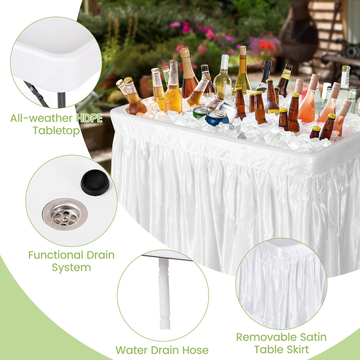 Giantex 4 FT Folding Ice Cooler Table with Drain & Bucket, Removable Skirt, No Assembly, Portable Fill and Chill Table for Food Drink Beverage, Foldable Party Ice Bin for Camping BBQ, White