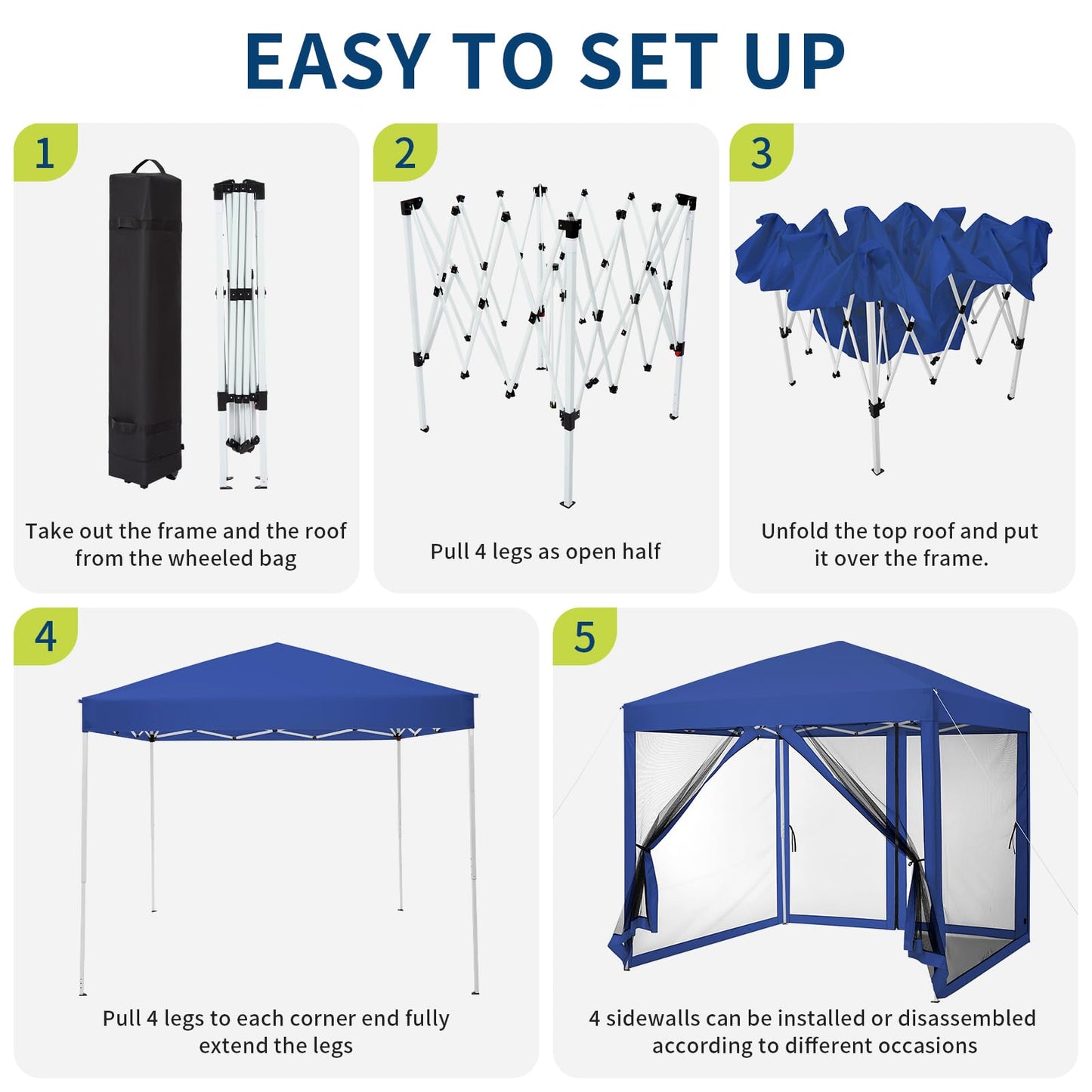 GarveeLife 8 ft x8 ft Instant Pop-Up Canopy Tent with Removable Mosquito Netting & 2 Zipper Doors, Portable Outdoor Shelter for Camping, Backyard, Picnic - Includes Wheeled Carry Bag (Blue)