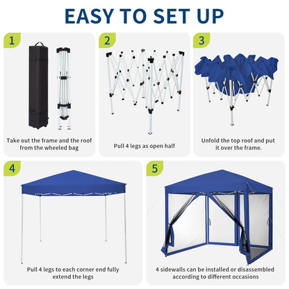 GarveeLife 8 ft x8 ft Instant Pop-Up Canopy Tent with Removable Mosquito Netting & 2 Zipper Doors, Portable Outdoor Shelter for Camping, Backyard, Picnic - Includes Wheeled Carry Bag (Blue)