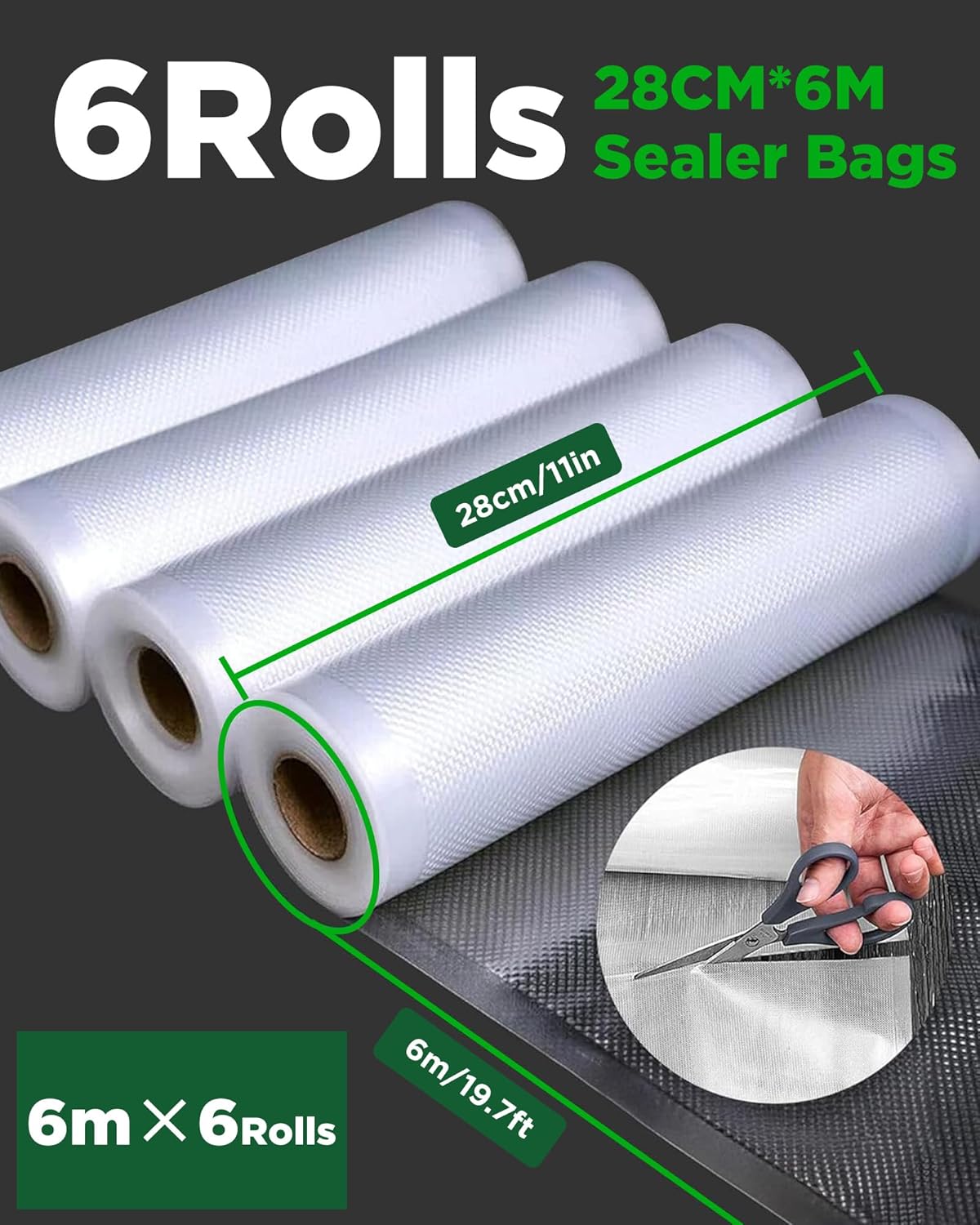 Skiennix Vacuum Sealer Bags - Heavy Duty BPA-Free Food Storage | 6 Rolls, 28CM x 6M