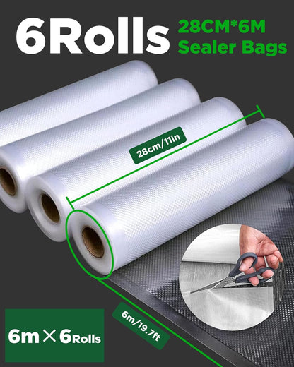 Skiennix Vacuum Sealer Bags - Heavy Duty BPA-Free Food Storage | 6 Rolls, 28CM x 6M