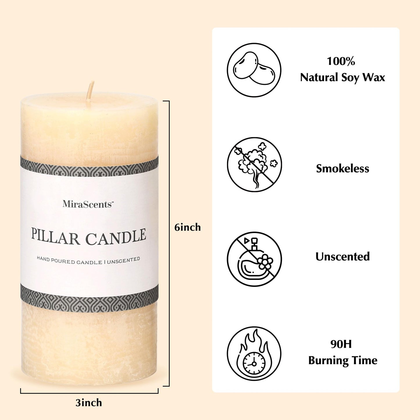 3x6 Inch Ivory Pillar Candles Set of 3 - Hand-Poured Unscented Candles, Long Clean Burning, Large Big Candles, Smokeless Dripless Candles for Dinner Table, Wedding, Home, Bathroom, Rustic Decor