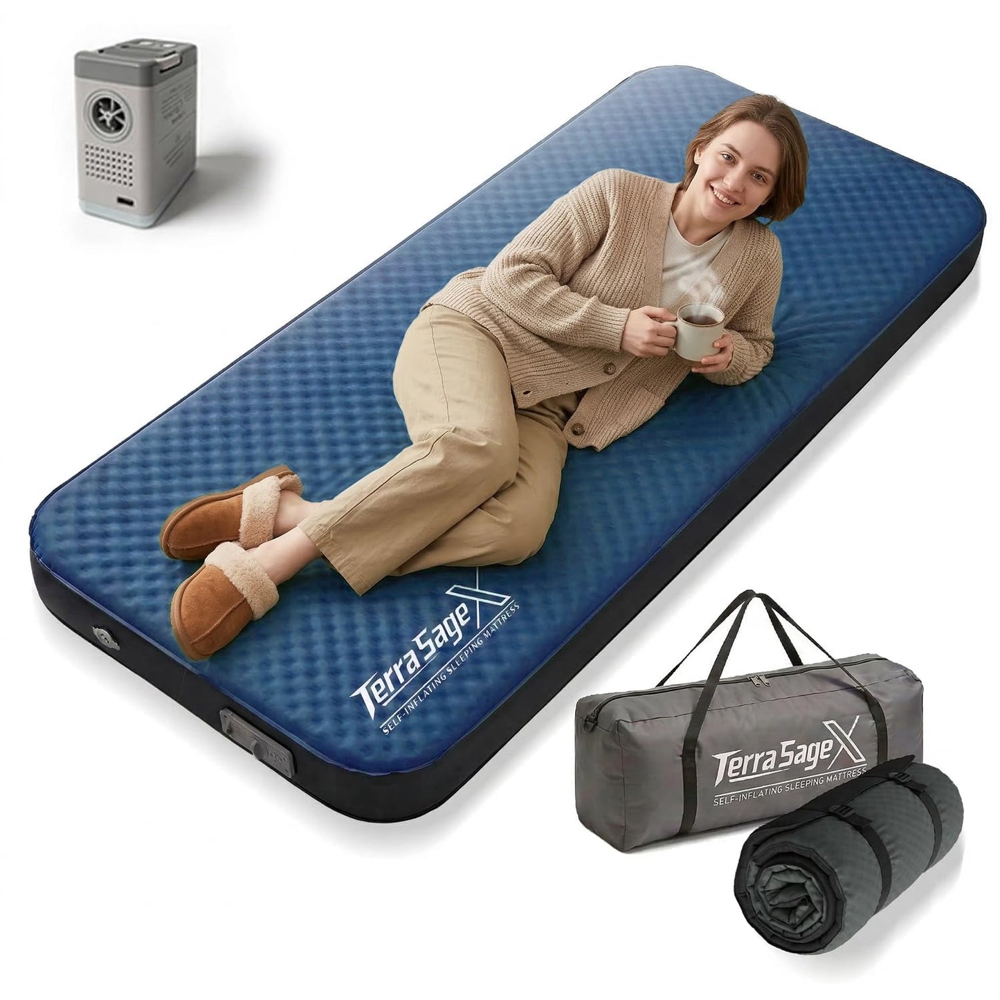 Terra Sage X Hybrid Comfort Camping Air Mattress, Self-Inflating Memory Foam Sleeping Pad with Built-in Electric Pump, 4.5" Thick Insulated Support for Bed-Like 4-Season Tent Sleep(Single,Blue)