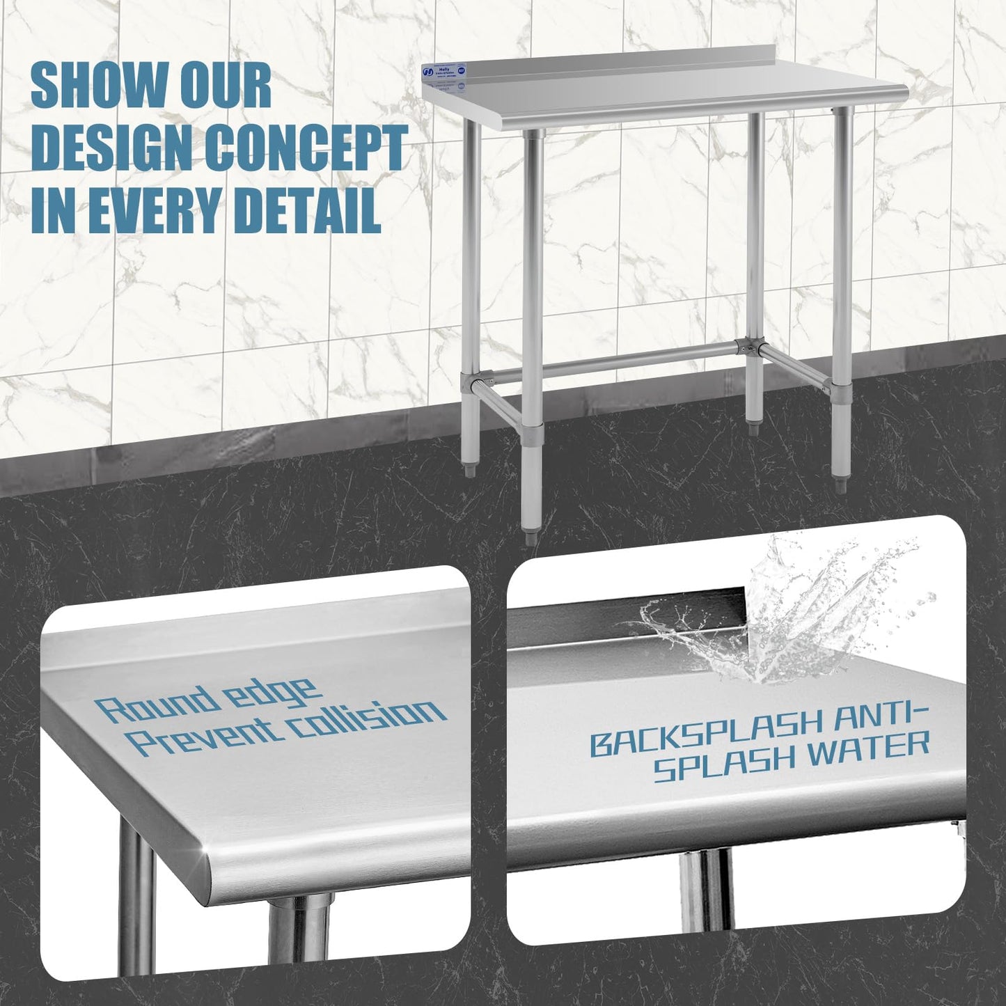 Hally Open Base Stainless Steel Table 24 x 36 Inches, NSF Commercial Heavy Duty Prep & Work Table with Backplash and Galvanized Legs for Restaurant, Home and Hotel