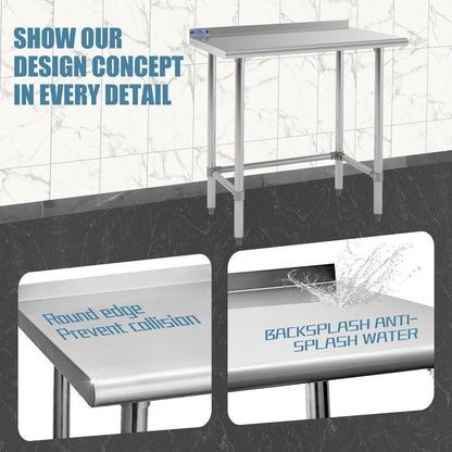 Hally Open Base Stainless Steel Table 24 x 36 Inches, NSF Commercial Heavy Duty Prep & Work Table with Backplash and Galvanized Legs for Restaurant, Home and Hotel