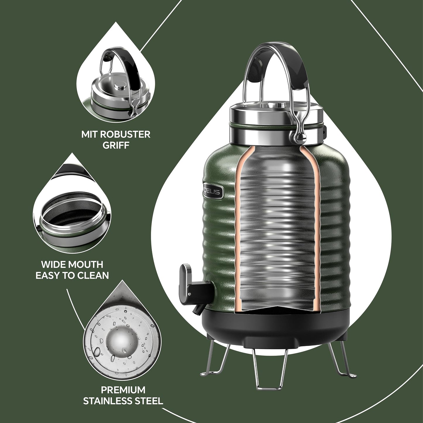 IDEUS Insulated Beverage Dispenser, All-in-one for Camping Vacuum Double-Wall Stainless Steel Water Cooler Coffee Carafe Jug Leakproof Drink Container with Handle, Spigot & Stand (Green, 1,4gal)