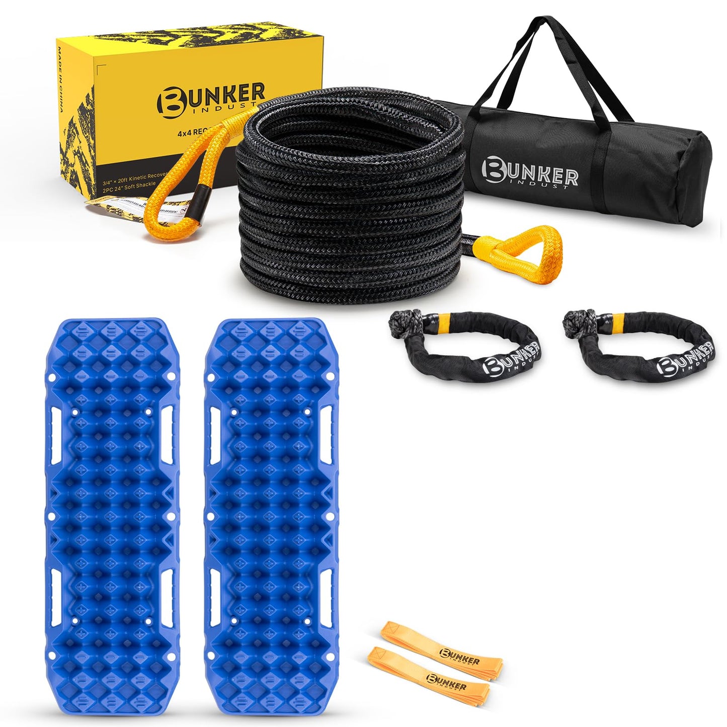 BUNKER INDUST Off Road Traction Boards (Gen 10) Blue + 1"×30ft Kinetic Recovery Rope with 2 Soft Shackles Kit