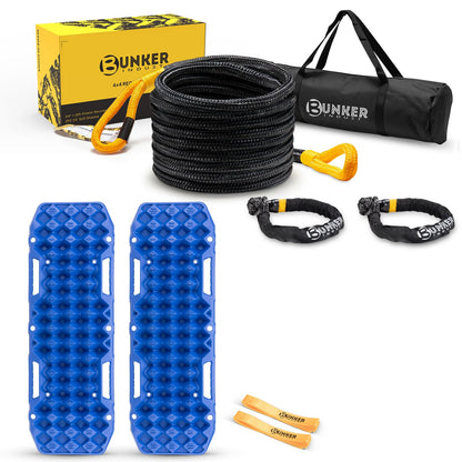 BUNKER INDUST Off Road Traction Boards (Gen 10) Blue + 1"×30ft Kinetic Recovery Rope with 2 Soft Shackles Kit