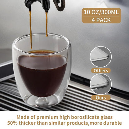 10oz Double Wall Espresso Cups Set of 4, Clear Expresso Shots Cup, Double Wall Insulated Espresso Mugs, 300 ML Tazas de Cafe Expreso, Microwave Dishwasher Safe,Suit for Espresso Machine