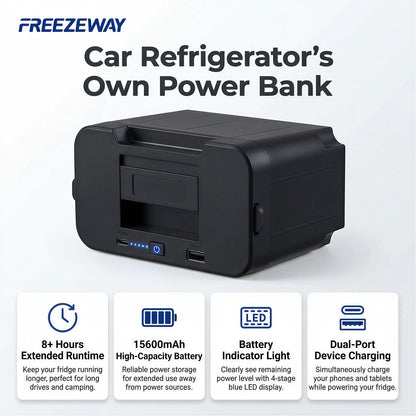 FreezeWay 171Wh Detachable Battery For Portable Car Refrigerator, Rechargeable Electric Cooler Battery for 12/24V DC and 120-240V AC Freezer Fridge, 15600mAh Lithium Car Refrigerator Plug-in Battery