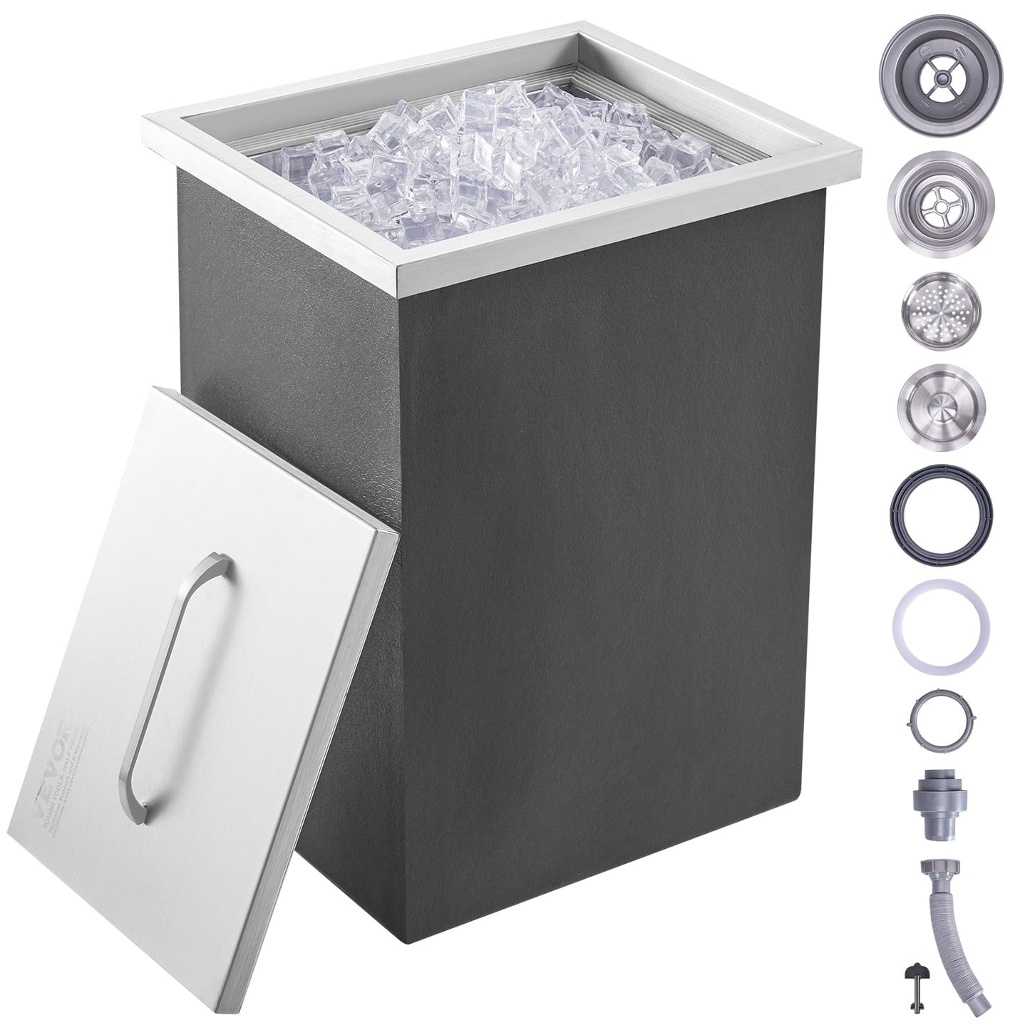 VEVOR Drop in Ice Chest, 14" L x 12" W x 18" H Stainless Steel Ice Cooler, Commercial Ice Bin with Cover, 40 qt Outdoor Kitchen Ice Bar, Drain-Pipe and Drain Plug Included, for Cold Wine Beer