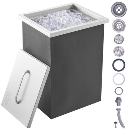 VEVOR Drop in Ice Chest, 14" L x 12" W x 18" H Stainless Steel Ice Cooler, Commercial Ice Bin with Cover, 40 qt Outdoor Kitchen Ice Bar, Drain-Pipe and Drain Plug Included, for Cold Wine Beer