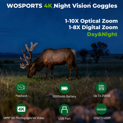 WOSPORTS 4K Night Vision Goggles, up to 80X Total Magnification, 64GB TF Card, 1315FT Infrared Night Vision, Ideal for Camping & Outdoor Use