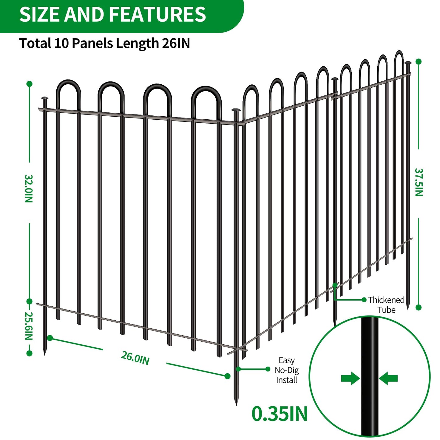 Metal Decorative Garden Fence, 32" High x 26" Wide (9 Panels + 1 Gate) Total Length 21.6 ft, No Dig Dog Fence Outdoor for Yard, Rustproof Animal Barrier Fencing, Garden Edging Border for Yard