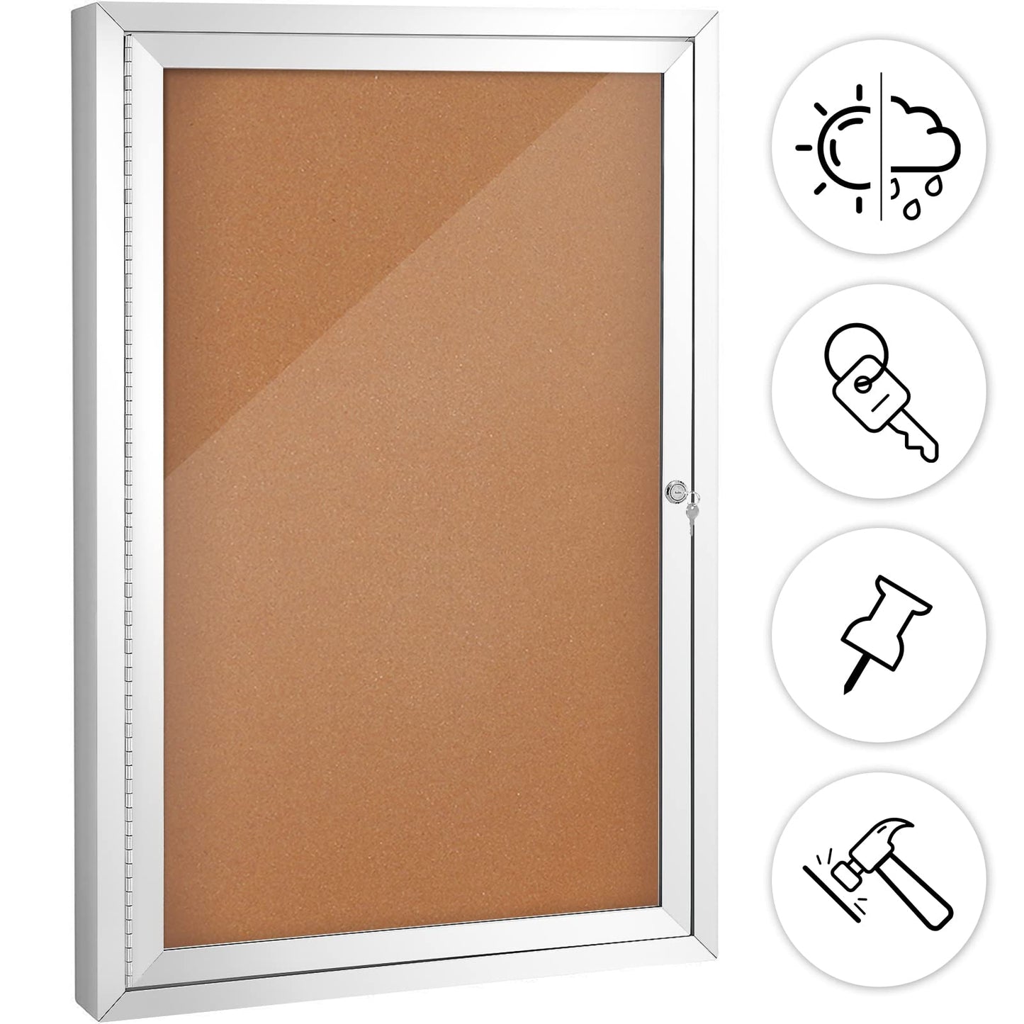 SWANCROWN Enclosed Cork Bulletin Board, Outdoor Bulletin Board Weatherproof with Acrylic Door and Keys, Wall-Mounted Notice Case, 28x20 Inches